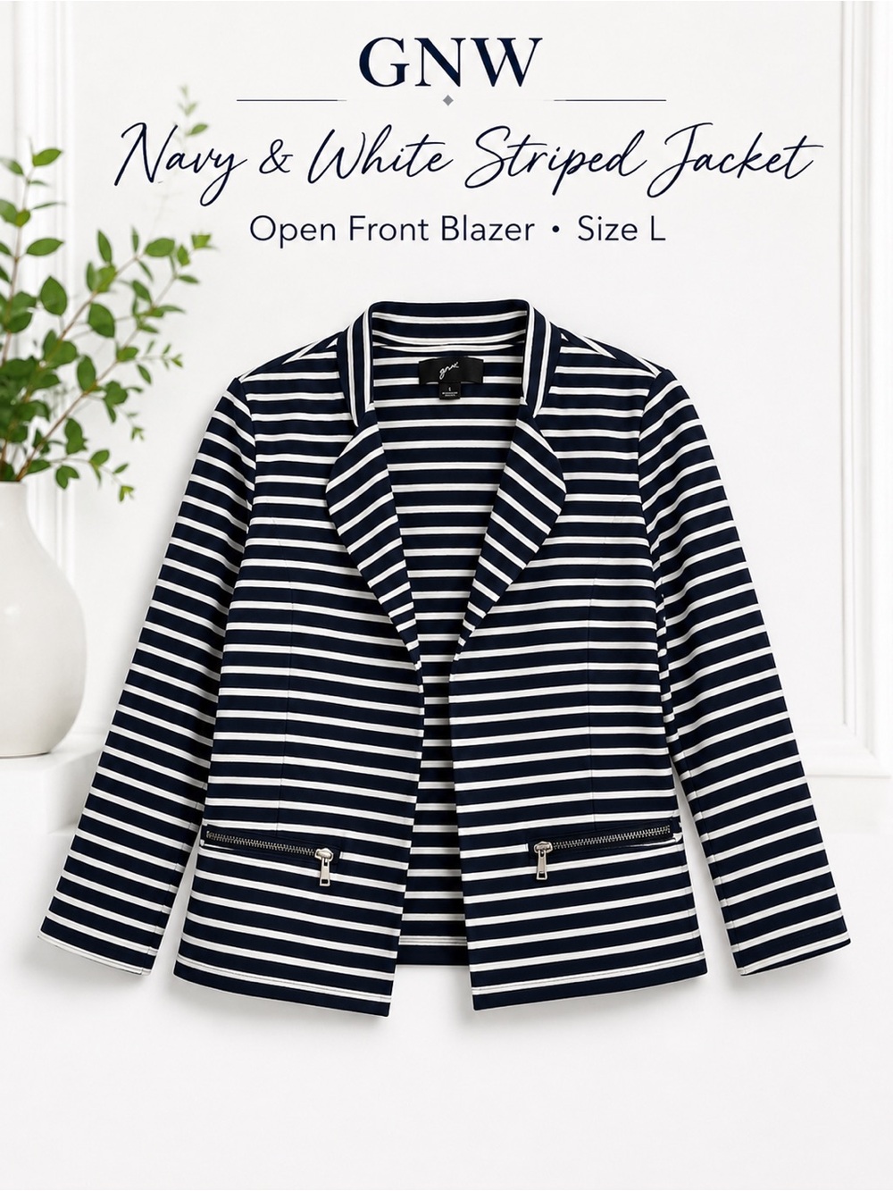 Navy White Striped Blazer Jacket Women’s L Nautical Chic Lightweight